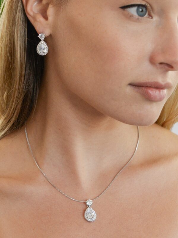 Brilliant CZ Halo Pear Shaped Necklace and Earrings Set - Image 2