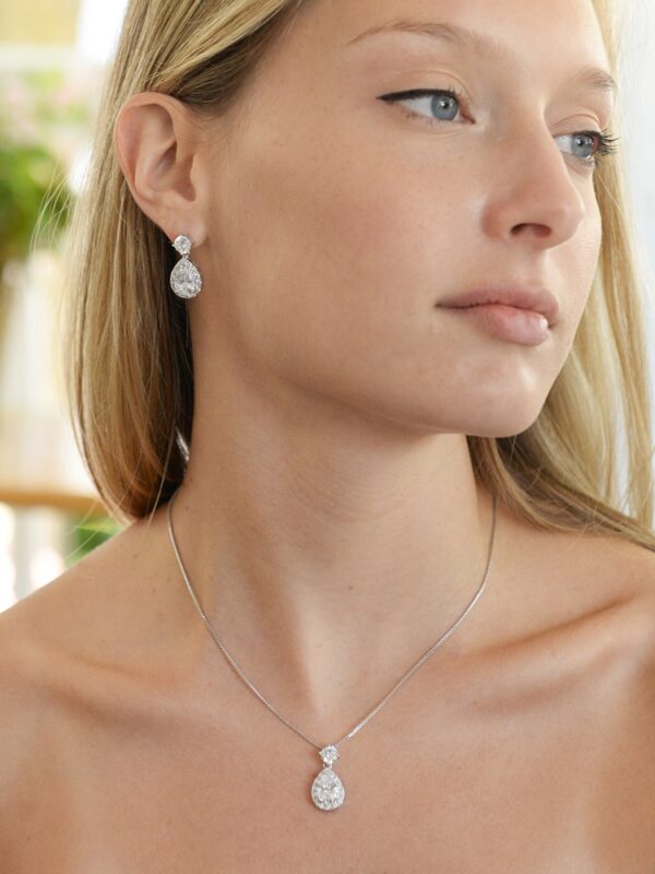 Brilliant CZ Halo Pear Shaped Necklace and Earrings Set - Image 3