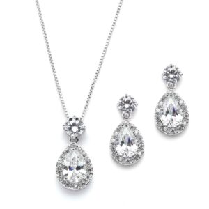 Brilliant CZ Halo Pear Shaped Necklace and Earrings Set