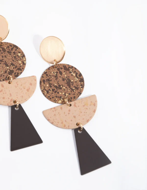Brushed Gold Decorated Geometric Drop Earrings - Image 2
