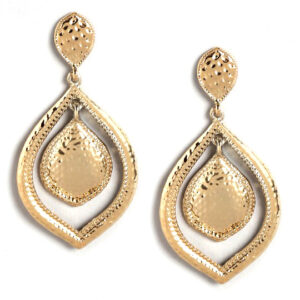Gold Hammered Oval Drop Earrings