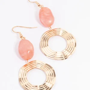 Peach Beaded Crinkle Circle Drop Earrings
