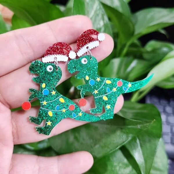 Trendy Xmas Holiday Jewelry Christmas Party Hat Glitter Dinosaur Animal Acrylic Earrings - Image 2