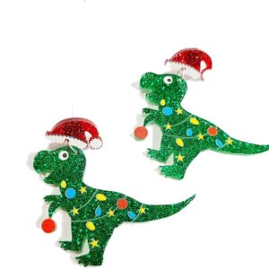 Trendy Xmas Holiday Jewelry Christmas Party Hat Glitter Dinosaur Animal Acrylic Earrings