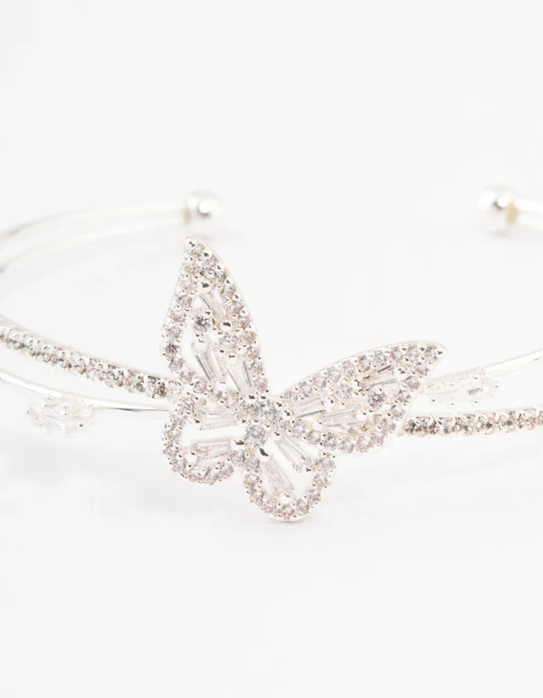 Silver Cubic Zirconia Butterfly Cross Over Cuff Bangle - Image 3