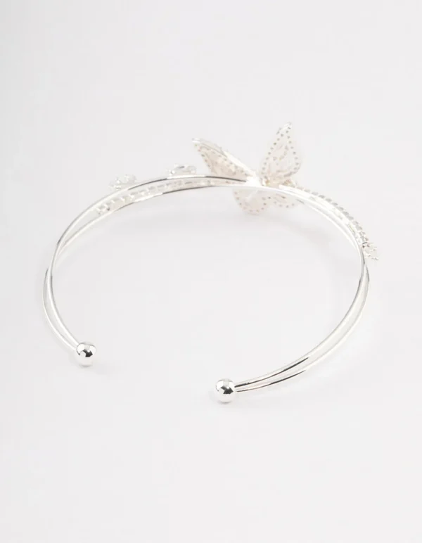 Silver Cubic Zirconia Butterfly Cross Over Cuff Bangle - Image 2