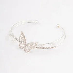 Silver Cubic Zirconia Butterfly Cross Over Cuff Bangle