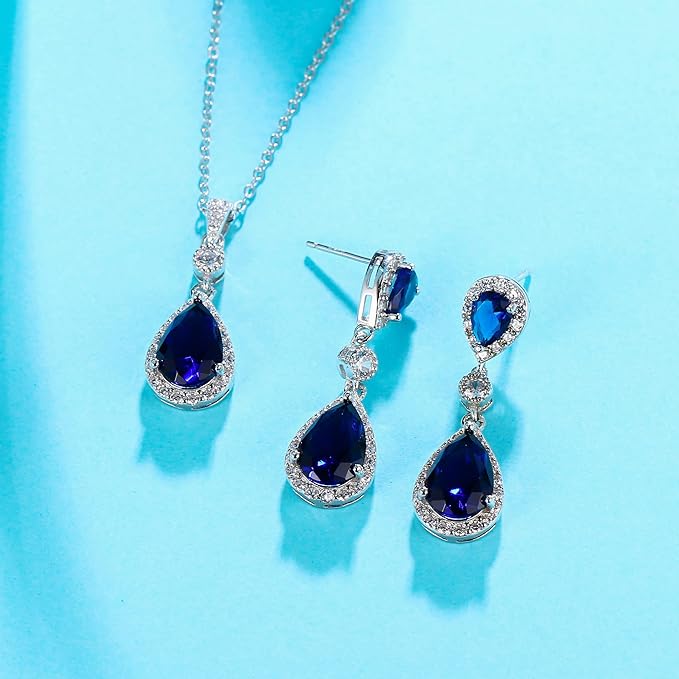 Sterling Silver Wedding Bridal CZ Infinity Teardrop Pendant Necklace Dangle Earrings Set - Image 2