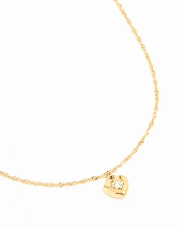 Puffy heart necklace made of gold-plated stainless steel and zirconium